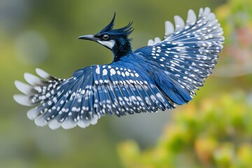 Poster - Colorful bird in mid-flight showcasing its vibrant feathers against a blurred natural background