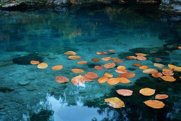Poster - Clear water reflects colorful autumn leaves in a serene natural setting near a tranquil forest stream