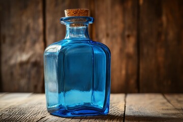 Aufkleber - Glass bottle with cork on rustic wooden table in soft light