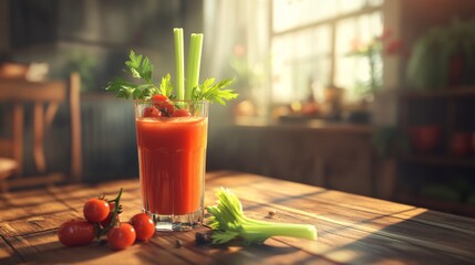 Poster - A refreshing glass of tomato juice on a wooden table, garnished with a celery stalk and cherry tomatoes, with natural light streaming in, creating a healthy and vibrant atmosphere.