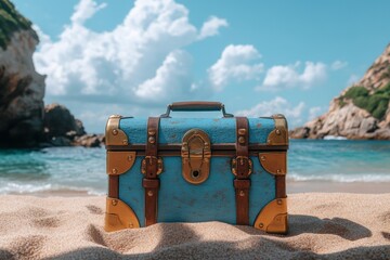 Poster - Blue treasure chest on sandy beach by the ocean under a bright sky with clouds