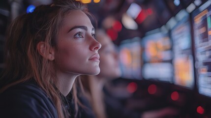 Poster - A technician focuses intently on multiple screens displaying vital information during a rocket launch, contributing to aerobraking and recovery efforts.