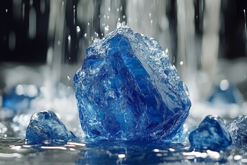 Aufkleber - vibrant blue crystal stone surrounded by flowing water in close-up detail showcased in a tranquil se