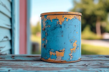 Poster - Weathered blue paint can resting on a rustic wooden table in a tranquil outdoor setting during daylight