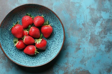 Aufkleber - Fresh strawberries arranged in a blue bowl on a textured surface during daylight