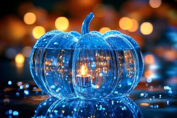 Aufkleber - Beautiful blue glass pumpkin reflecting autumn glow with candle inside, creating a cozy atmosphere in a festive setting