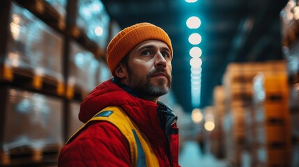 Poster - A worker is assessing the inventory in a spacious warehouse during nighttime, ensuring organized storage and effective logistics management for cargo handling.