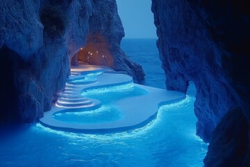 Poster - Serene cave pool illuminated by blue lights along the shoreline at twilight
