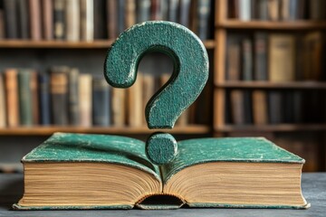 Poster - Exploring the mystery of knowledge with an open book and a question mark in a library setting