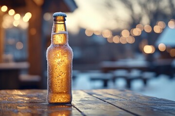 Aufkleber - Frosty beer bottle on rustic table with glowing background lights during twilight