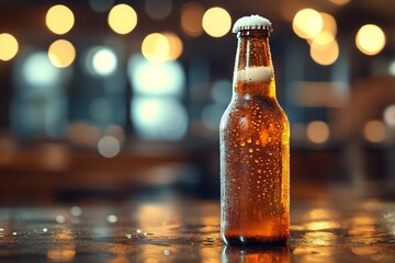 Poster - Refreshing beverage sitting on a wooden table with condensation at an evening gathering in a lively bar