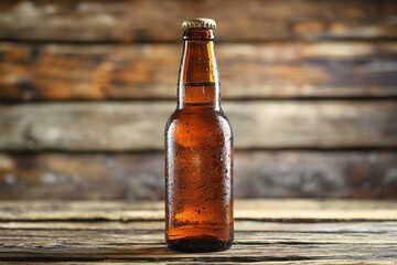 Aufkleber - Chilled amber bottle of beer against rustic wooden background in a cozy setting