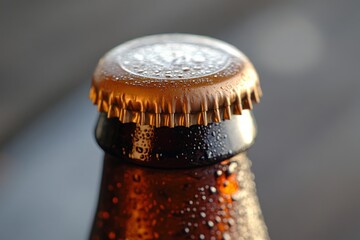 Poster - Close-up view of a cold beer bottle cap with droplets in natural lighting at an outdoor setting during early evening