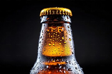 Poster - Close-up of a cold beer bottle with condensation in a dark setting
