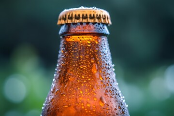 Poster - Close-up of a cold brown beer bottle with condensation on a sunny day in a garden setting