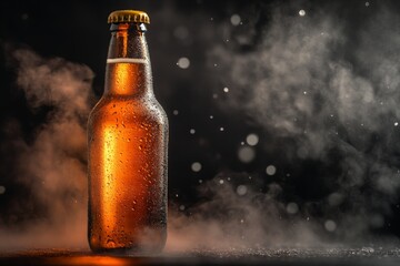 Poster - Refreshing beverage in a chilled bottle with condensation and steam on a dark background