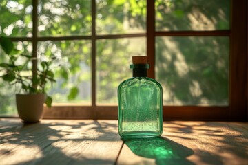 Aufkleber - Green glass bottle placed on wooden table with sunlight streaming through the window in a cozy indoor setting