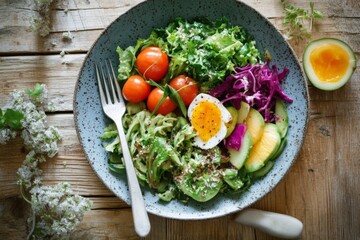 Poster - Fresh salad bowl with vegetables and egg served on a rustic wooden table