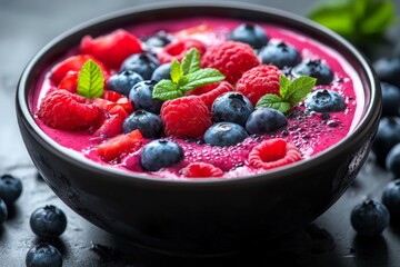 Aufkleber - Colorful berry smoothie bowl topped with fresh fruits and mint leaves served in a black bowl