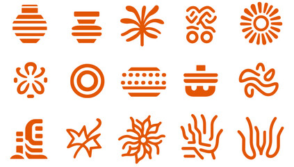 Fototapete - Geometric Icon Array: An array of stylized orange icons featuring a range of shapes and patterns that offers versatility for graphic design elements.