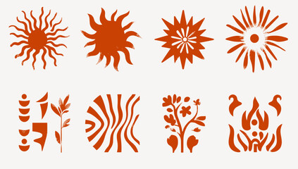 Fototapete - Abstract Design Elements: A collection of artistic and symbolic graphic elements. Featuring abstract suns, intricate shapes, and nature-inspired motifs, all rendered in a minimalist style. 
