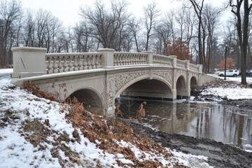 Poster - Historic stone bridge over a frozen creek among bare trees during winter in a tranquil park setting