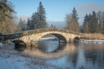 Poster - winter landscape featuring an elegant stone bridge over a tranquil river surrounded by trees