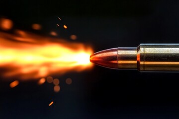 Poster - Bullet igniting with flame and sparks during discharge in a dark environment at a shooting range