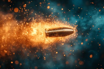 Aufkleber - Dynamic bullet in motion surrounded by orange sparks and blue smoke, illustrating speed and impact in a dramatic setting