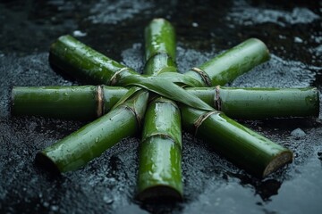 Poster - Green bamboo arranged in a symmetrical design on a wet surface, showcasing nature's beauty and craftsmanship