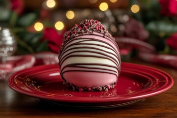 Poster - Handcrafted gourmet chocolate dessert featuring pink and white layers decorated with rose petals and chocolate drizzle