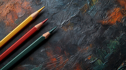 Poster - Three colored pencils, yellow, red, green, lie on a textured dark surface, creating a diagonal composition, showcasing artistic tools and creative potential