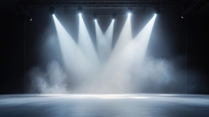 Poster - Spotlights illuminating an empty stage abstract background filled with smoke, creating a dramatic and atmospheric setting