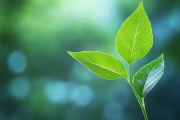 Poster - Fresh green leaves illuminated by soft sunlight in a serene outdoor setting during spring