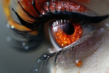 Poster - Close-up of an expressive eye with fiery orange hues reflecting light in a dramatic and artistic style