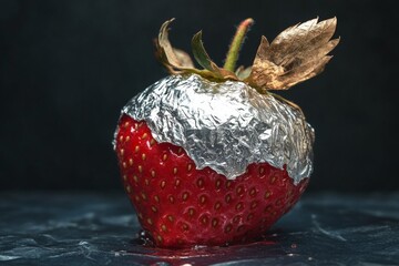 Poster - Unique strawberry wrapped in shiny foil resting on a dark surface highlighting its vibrant color and texture