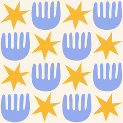 Poster - Cute geometric seamless pattern with hand drawn shapes on a beige background. Simple groovy modern design. Blue and yellow colors. Vector illustration