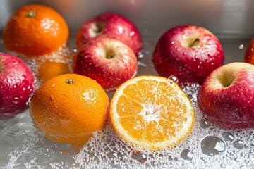 Aufkleber - Fresh fruits soaking in water with bubbles highlighting texture and colors