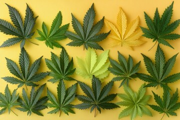 Poster - Various cannabis leaves arranged artfully on a bright yellow background showcasing diversity in color and shape