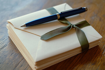 Poster - Stack of beige envelopes tied with olive ribbon, blue pen on top, showcasing elegant correspondence or stationery concept