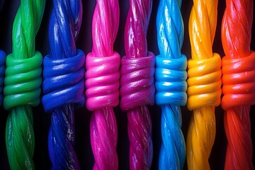 Poster - Colorful twisted ropes in vibrant hues arranged side by side on a dark background creates a striking visual impact
