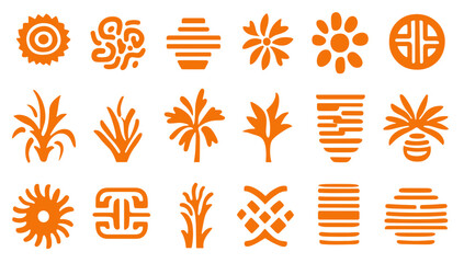 Poster - Abstract Floral and Geometric Ornaments: Collection of orange abstract floral and geometric ornaments arranged in a grid pattern.