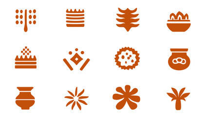 Fototapete - Cultural Icon Set: A collection of twelve brown icons representing various cultural elements, symbols, and patterns. This set offers a versatile array of design elements for diverse creative projects.
