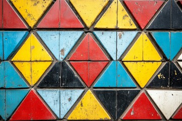 Leinwandbilder - Colorful geometric tiles arranged in a vibrant pattern on a wall in an urban area