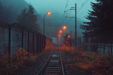 Poster - Misty evening along abandoned railway tracks in a secluded forest area with eerie lamps illuminating the path