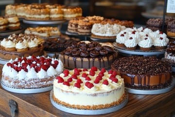 Poster - Delicious selection of assorted desserts displayed at a bakery in the afternoon sun