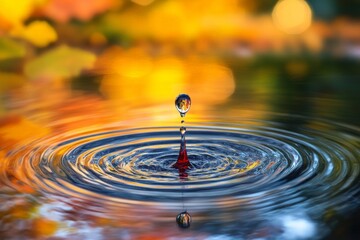 Poster - Water droplet creates ripples in a serene pond with vibrant autumn colors in the background during a calm evening