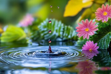 Poster - Water droplets create ripples in a serene pond surrounded by vibrant flowers and lush greenery in a tranquil garden setting