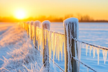 Poster - Sunrise over snow-covered landscape with frosted fence and icicles on a cold winter morning