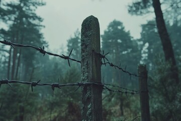 Aufkleber - Barbed wire fence in a misty forest landscape surrounded by tall trees during a cloudy day